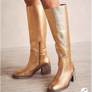 Free People Gold Essential Slouch Knee High Block Heel Boots Womens 37